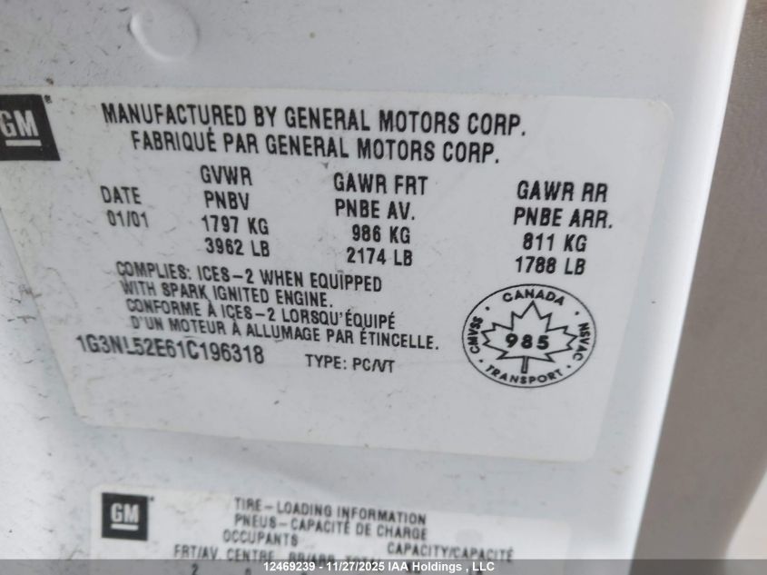 2001 Oldsmobile Alero Gl VIN: 1G3NL52E61C196318 Lot: 12469239