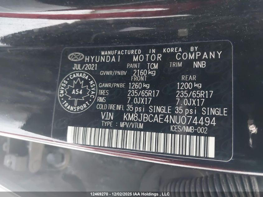 2022 Hyundai Tucson Essential Awd VIN: KM8JBCAE4NU074494 Lot: 12469270