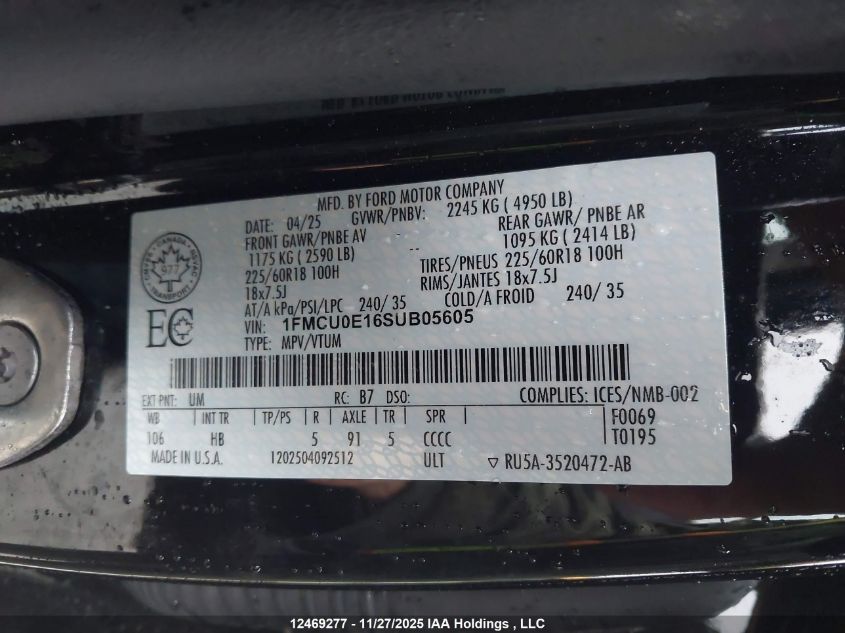 2025 Ford Escape VIN: 1FMCU0E16SUB05605 Lot: 12469277