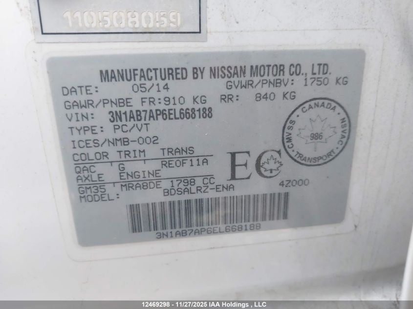 2014 Nissan Sentra S/Sv/Sr/Sl VIN: 3N1AB7AP6EL668188 Lot: 12469298