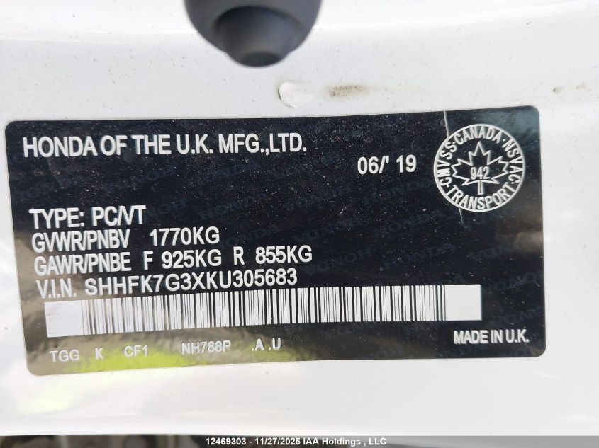 2019 Honda Civic Lx VIN: SHHFK7G3XKU305683 Lot: 12469303
