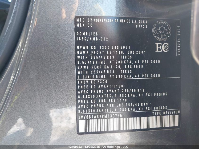 2023 Volkswagen Tiguan VIN: 3VV8B7AX7PM130755 Lot: 12469323