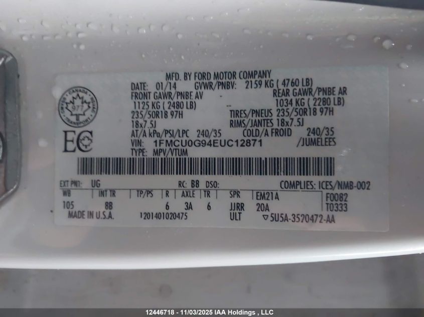 2014 Ford Escape Se VIN: 1FMCU0G94EUC12871 Lot: 12446718X