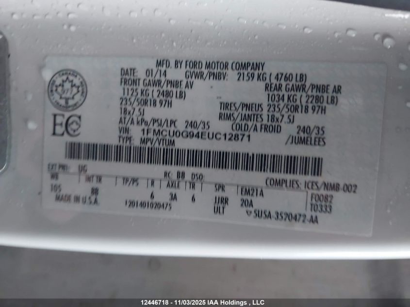 2014 Ford Escape Se VIN: 1FMCU0G94EUC12871 Lot: 12446718X