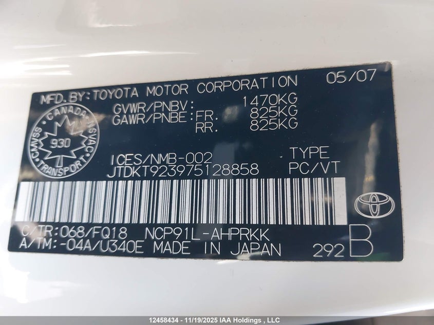 2007 Toyota Yaris Le/Rs VIN: JTDKT923975128858 Lot: 12458434X