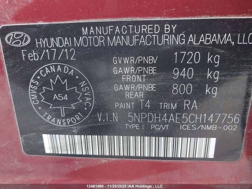 2012 Hyundai Elantra Gl VIN: 5NPDH4AE5CH147756 Lot: 12461490X