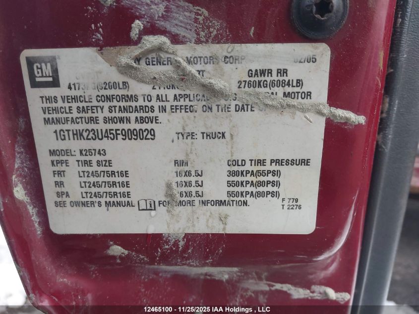 2005 GMC Sierra 2500Hd Sle VIN: 1GTHK23U45F909029 Lot: 12465100X
