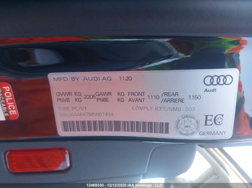 2021 Audi A4 45 Komfort VIN: WAUAAAF47MN007454 Lot: 12469330