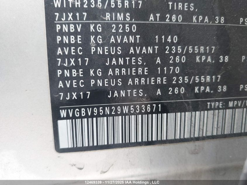 2009 Volkswagen Tiguan 2.0T Comfortline/2.0T Highline/2.0T Trendline VIN: WVGBV95N29W533671 Lot: 12469339