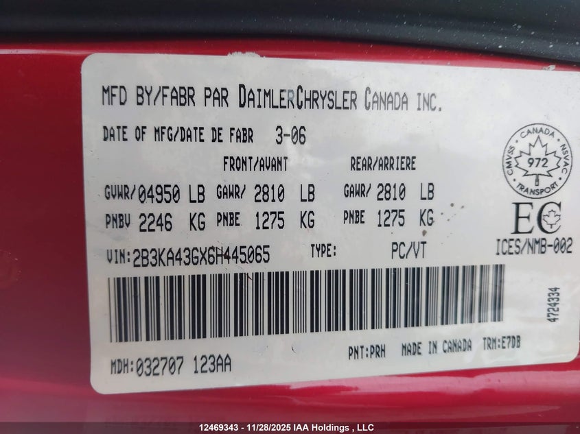 2006 Dodge Charger Se/Sxt VIN: 2B3KA43GX6H445065 Lot: 12469343