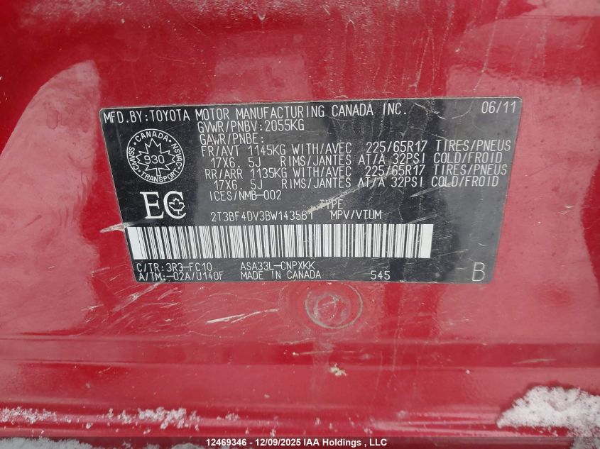 2011 Toyota Rav4 VIN: 2T3BF4DV3BW143561 Lot: 12469346