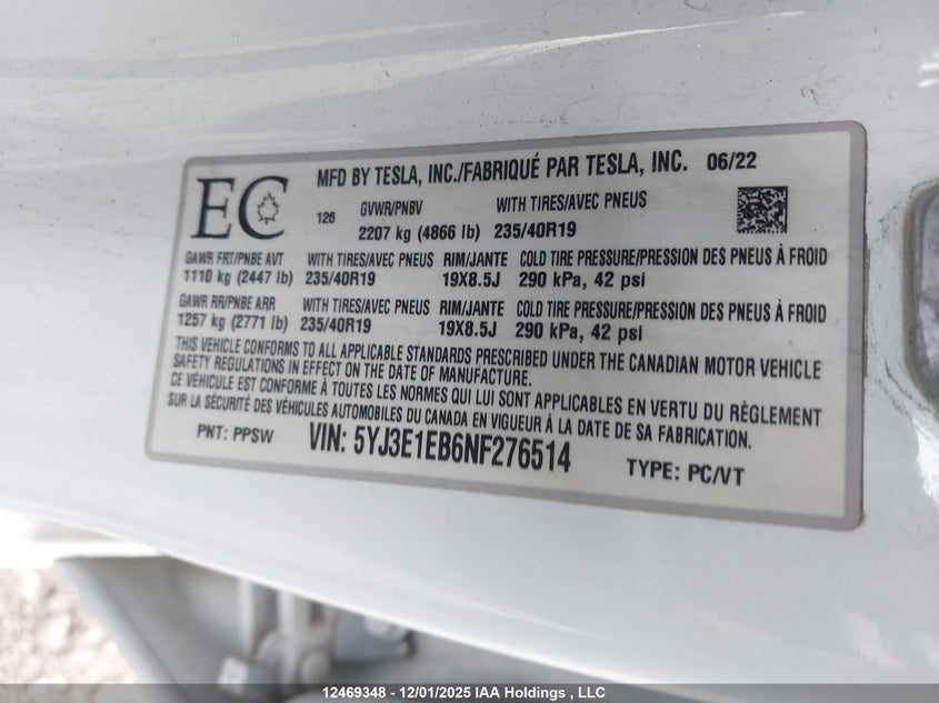 5YJ3E1EB6NF276514 2022 TESLA MODEL 3 photo no. 9