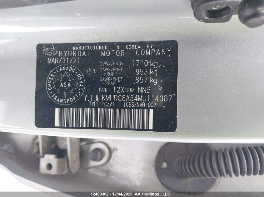 2021 Hyundai Venue Preferred VIN: KMHRC8A34MU114387 Lot: 12469362