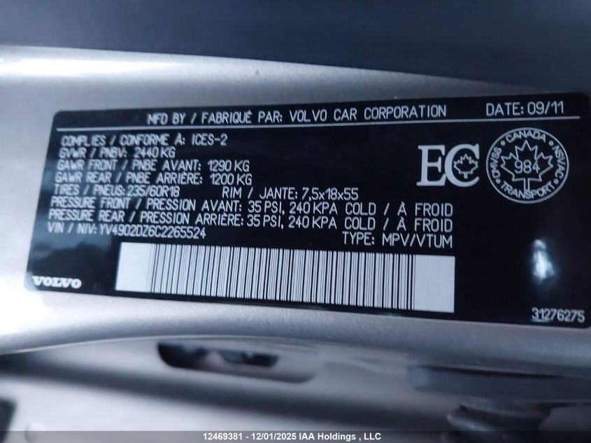 2012 Volvo Xc60 T6 T6 VIN: YV4902DZ6C2265524 Lot: 12469381