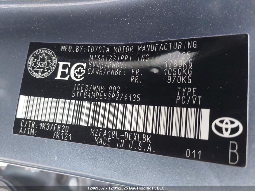 2025 Toyota Corolla Le VIN: 5YFB4MDE5SP274135 Lot: 12469387