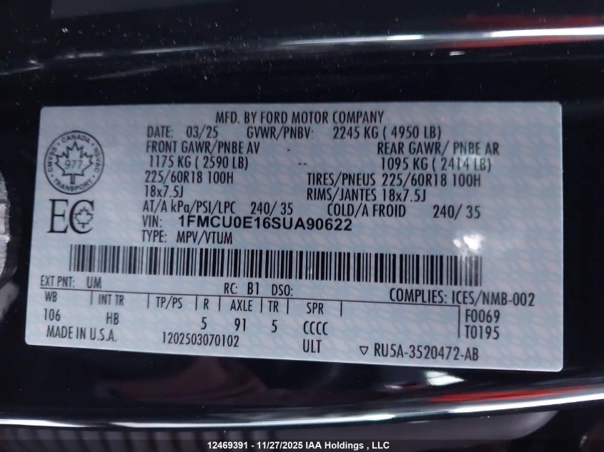2025 Ford Escape VIN: 1FMCU0E16SUA90622 Lot: 12469391