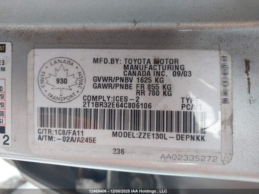 2004 Toyota Corolla VIN: 2T1BR32E64C806106 Lot: 12469406