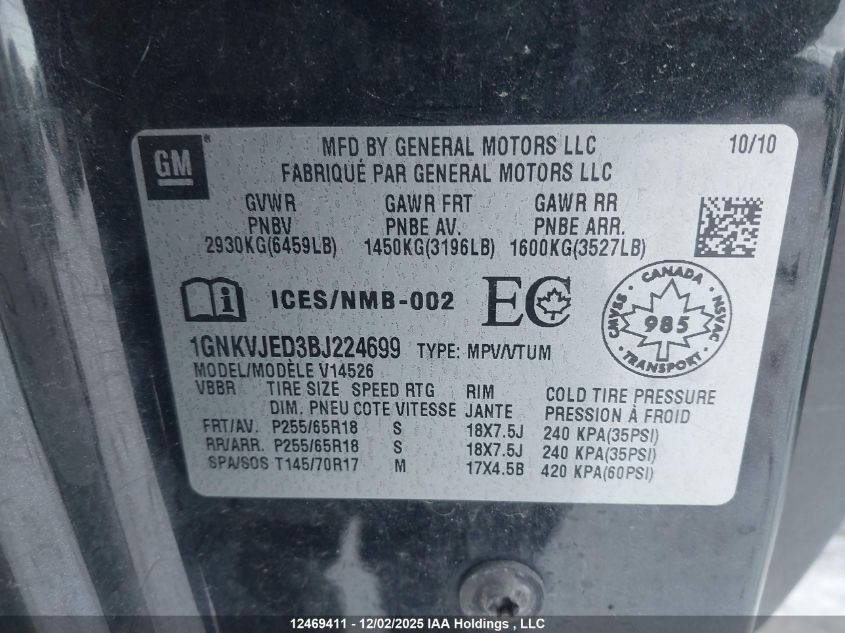 2011 Chevrolet Traverse 2Lt VIN: 1GNKVJED3BJ224699 Lot: 12469411