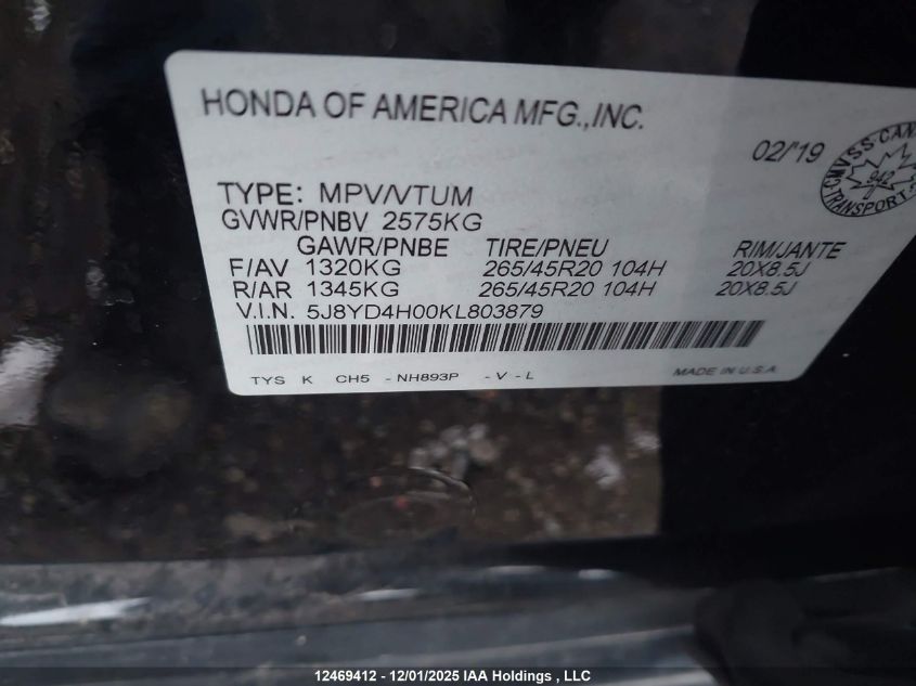 2019 Acura Mdx VIN: 5J8YD4H00KL803879 Lot: 12469412
