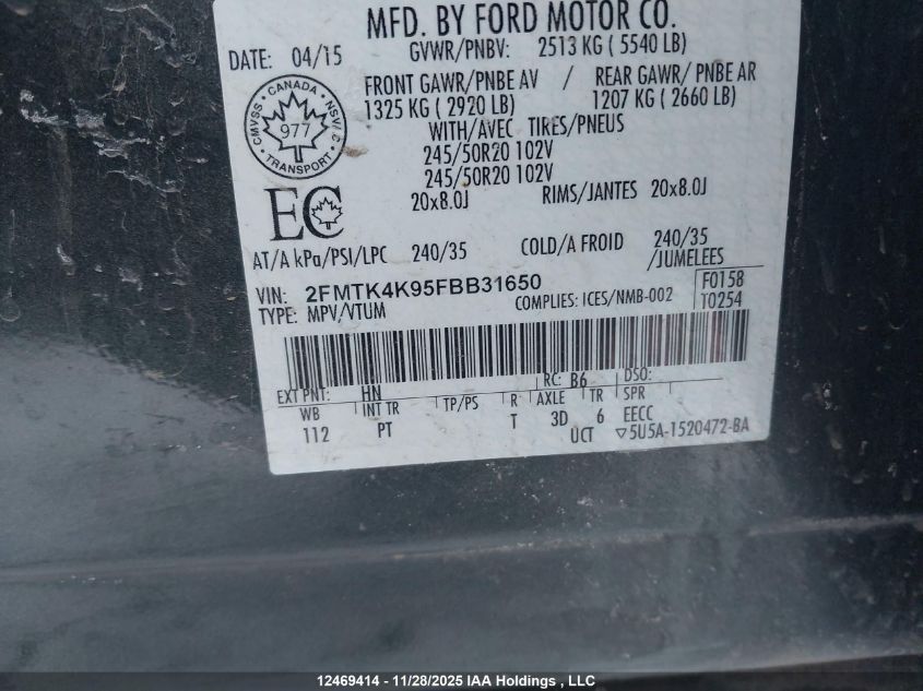 2015 Ford Edge Titanium VIN: 2FMTK4K95FBB31650 Lot: 12469414