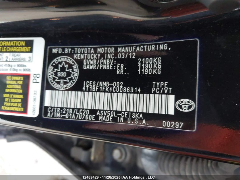 2012 Toyota Camry Se VIN: 4T1BF1FK4CU086914 Lot: 12469429