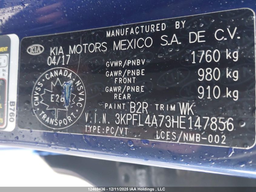 2017 Kia Forte Lx/S VIN: 3KPFL4A73HE147856 Lot: 12469436