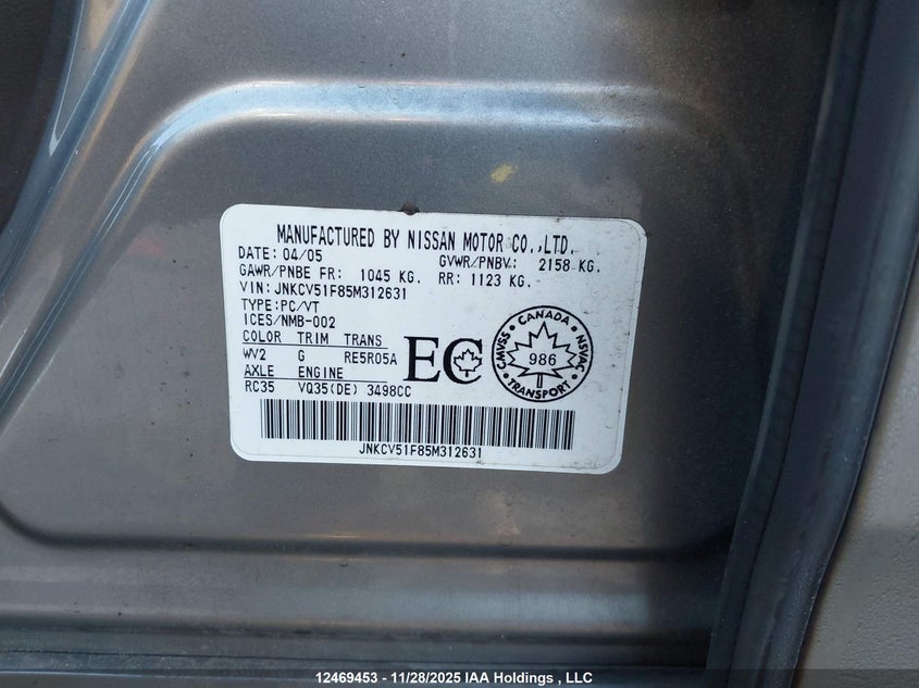 2005 Infiniti G35 VIN: JNKCV51F85M312631 Lot: 12469453