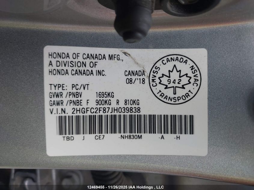 2018 Honda Civic Ex 4Dr VIN: 2HGFC2F87JH039838 Lot: 12469455