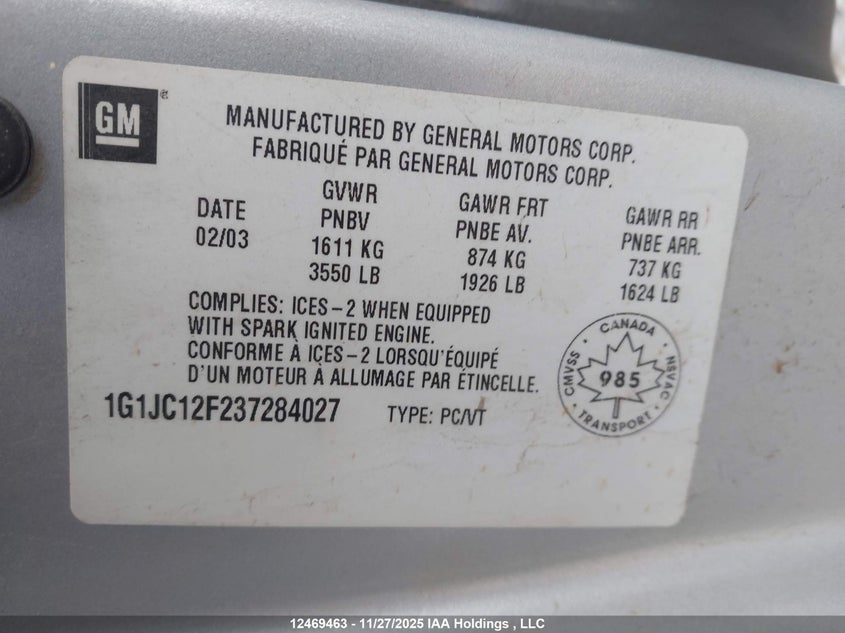 1G1JC12F237284027 2003 CHEVROLET CAVALIER photo no. 18