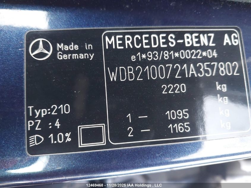 2001 Mercedes-Benz E-Class VIN: WDB2100721A357802 Lot: 12469468