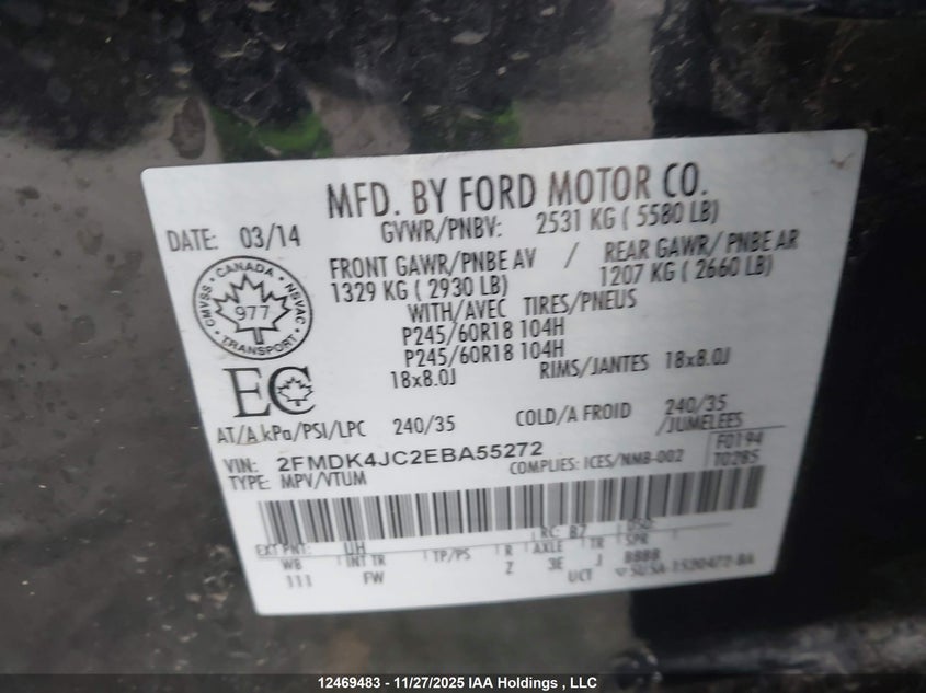 2FMDK4JC2EBA55272 2014 FORD EDGE photo no. 9