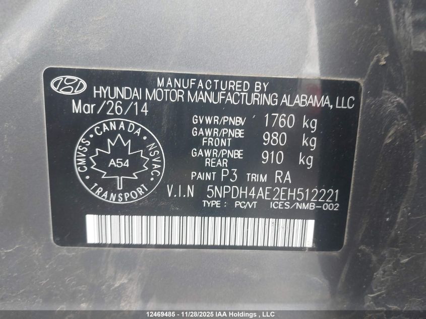 2014 Hyundai Elantra Se/Sport/Limited VIN: 5NPDH4AE2EH512221 Lot: 12469485