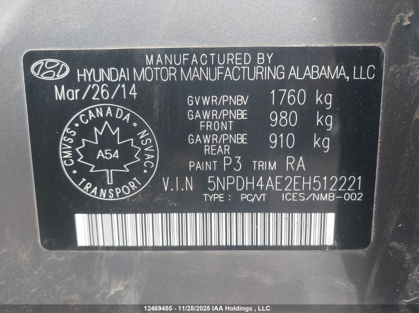 2014 Hyundai Elantra Se/Sport/Limited VIN: 5NPDH4AE2EH512221 Lot: 12469485