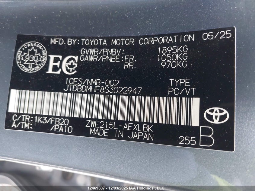 JTDBDMHE8S3022947 2025 TOYOTA COROLLA photo no. 9