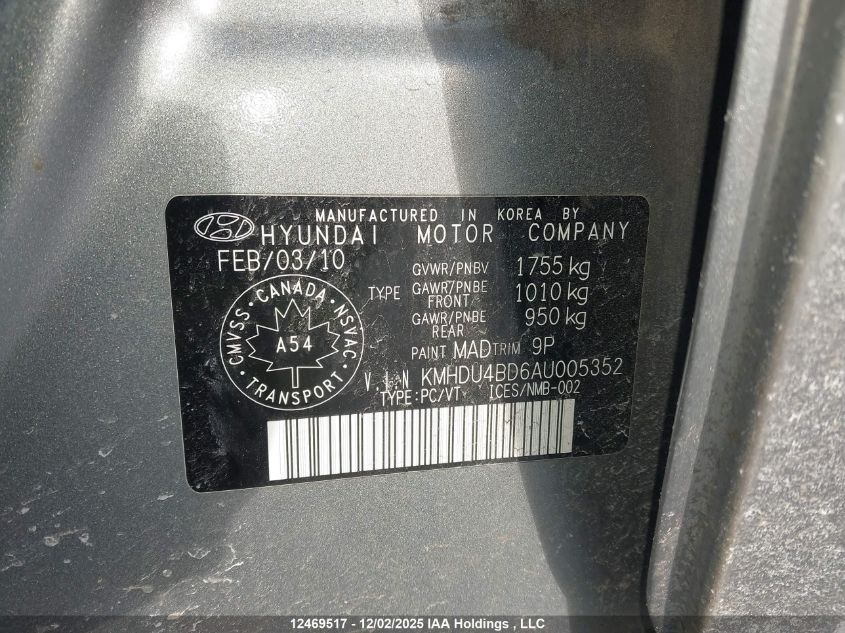 2010 Hyundai Elantra Blue/Gls/Se VIN: KMHDU4BD6AU005352 Lot: 12469517