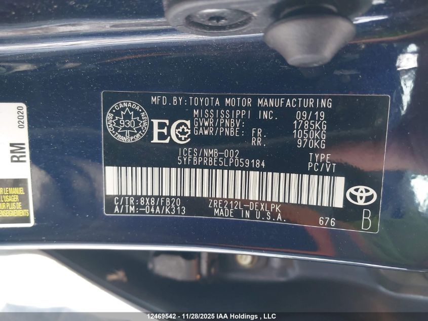 2020 Toyota Corolla Le VIN: 5YFBPRBE5LP059184 Lot: 12469542