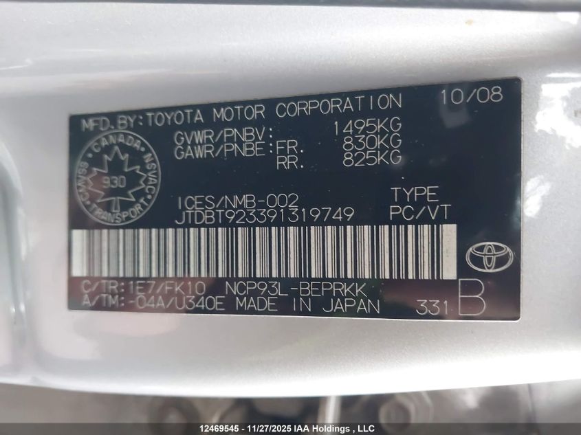 2009 Toyota Yaris VIN: JTDBT923391319749 Lot: 12469545