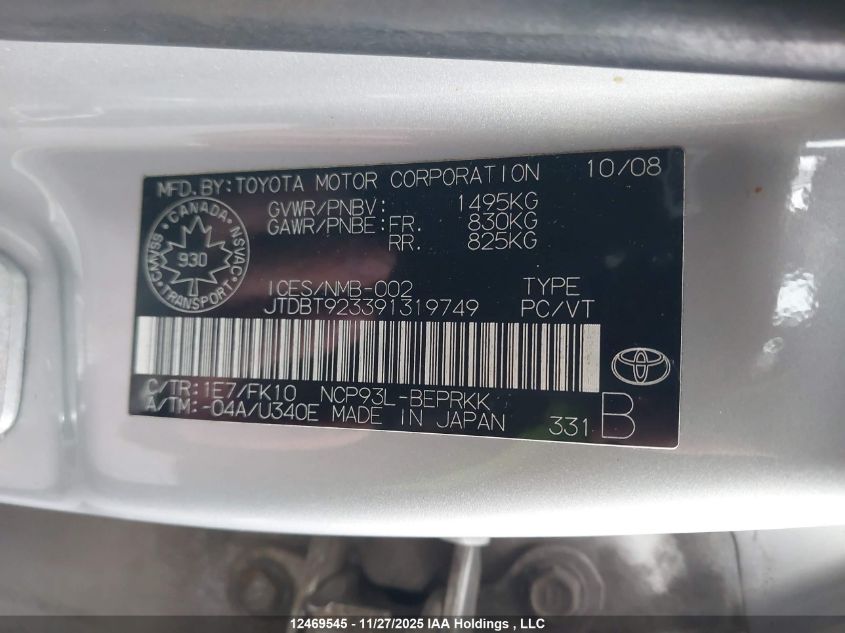 2009 Toyota Yaris VIN: JTDBT923391319749 Lot: 12469545