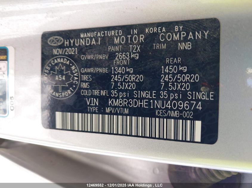 2022 Hyundai Palisade Sel VIN: KM8R3DHE1NU409674 Lot: 12469552