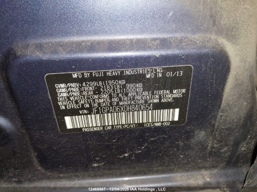 2013 Subaru Impreza 2.0I Touring Package VIN: JF1GPAD6XDH840654 Lot: 12469567