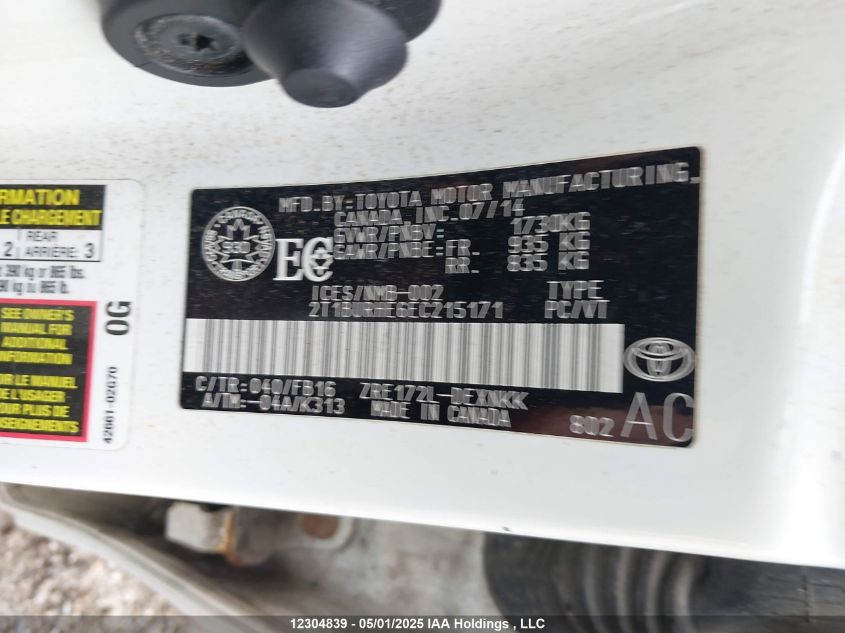 2014 Toyota Corolla L/Le/Le Pls/Prm/S/S Pls VIN: 2T1BURHE6EC215171 Lot: 12304839X