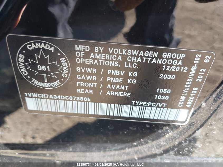 2013 Volkswagen Passat Sel VIN: 1VWCH7A34DC073865 Lot: 12390731X