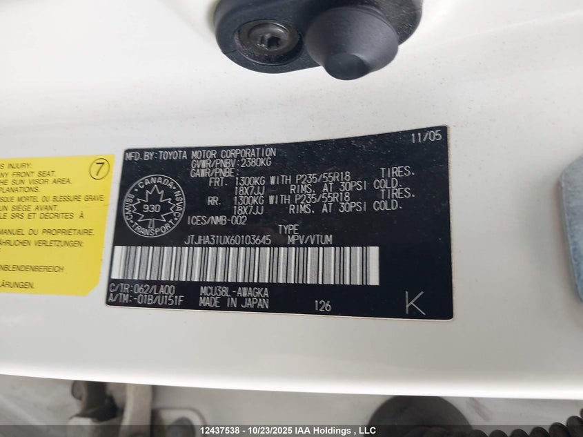 2006 Lexus Rx 330 VIN: JTJHA31UX60103645 Lot: 12437538X