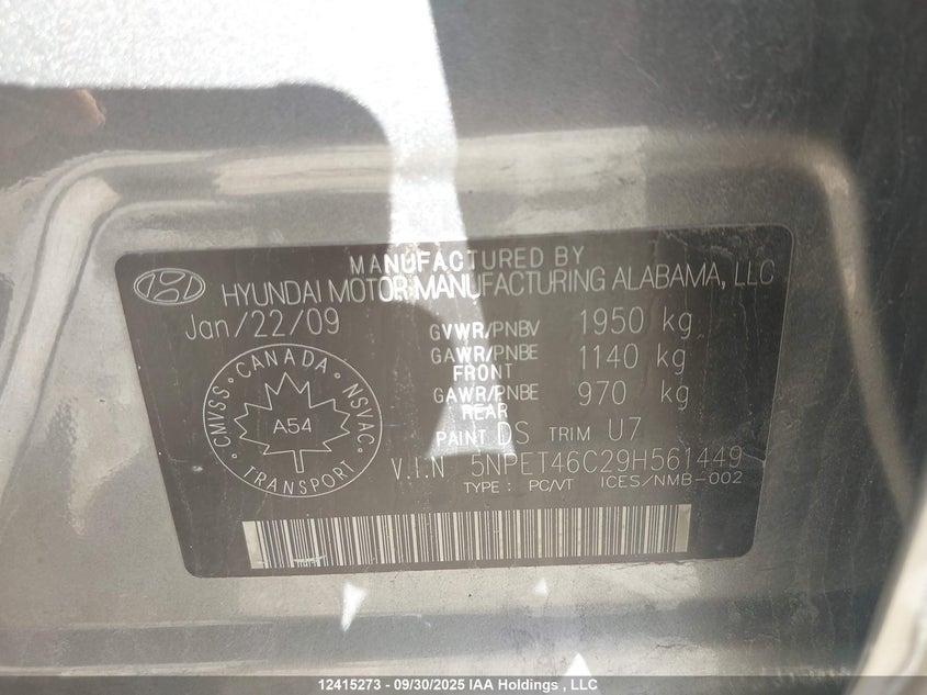 2009 Hyundai Sonata Gls VIN: 5NPET46C29H561449 Lot: 12415273X