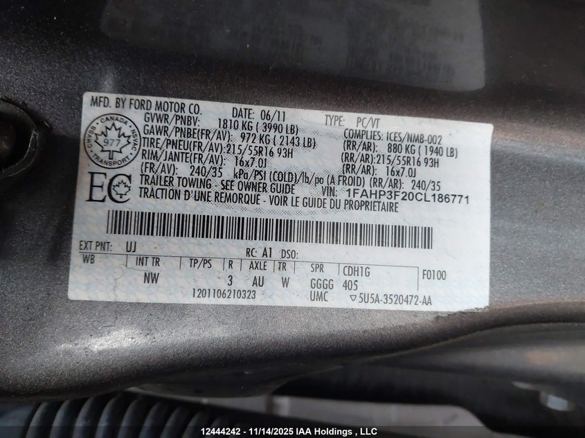 2012 Ford Focus Se VIN: 1FAHP3F20CL186771 Lot: 12444242X