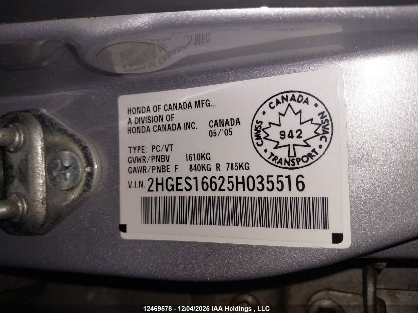 2005 Honda Civic Lx-G VIN: 2HGES16625H035516 Lot: 12469578