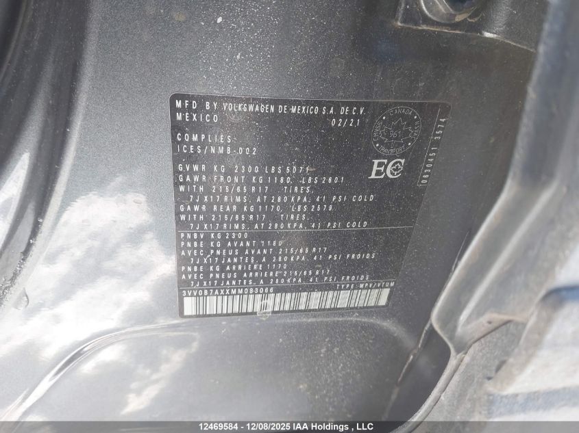 2021 Volkswagen Tiguan S VIN: 3VV0B7AXXMM083066 Lot: 12469584