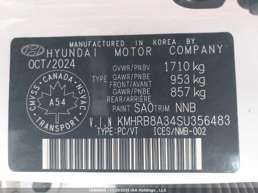 2025 Hyundai Venue Se VIN: KMHRB8A34SU356483 Lot: 12469585