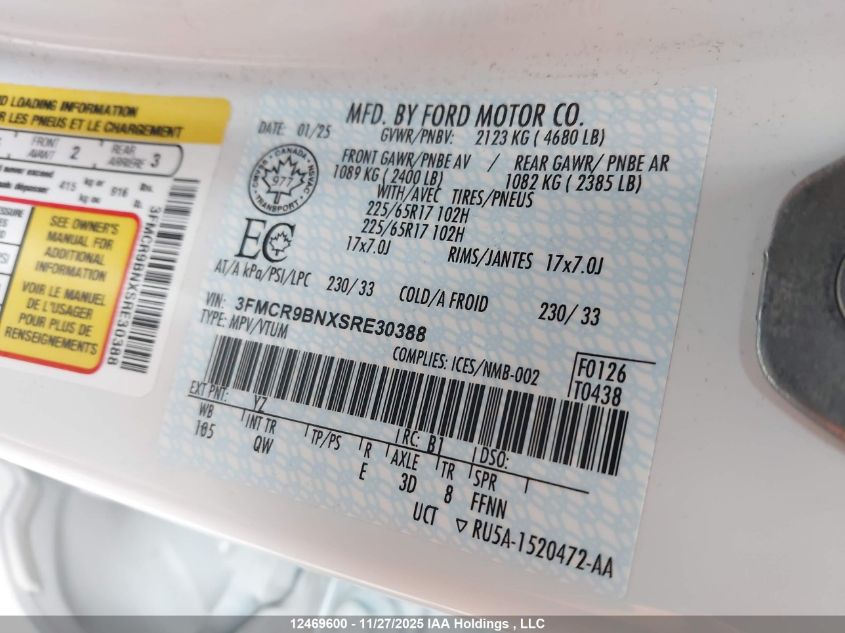 2025 Ford Bronco Sport Big Bend VIN: 3FMCR9BNXSRE30388 Lot: 12469600