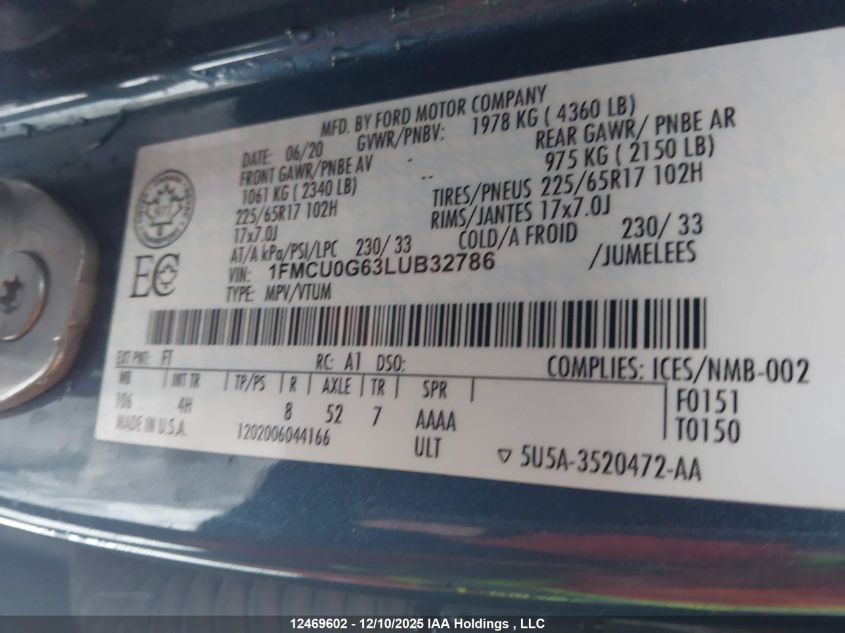 2020 Ford Escape VIN: 1FMCU0G63LUB32786 Lot: 12469602